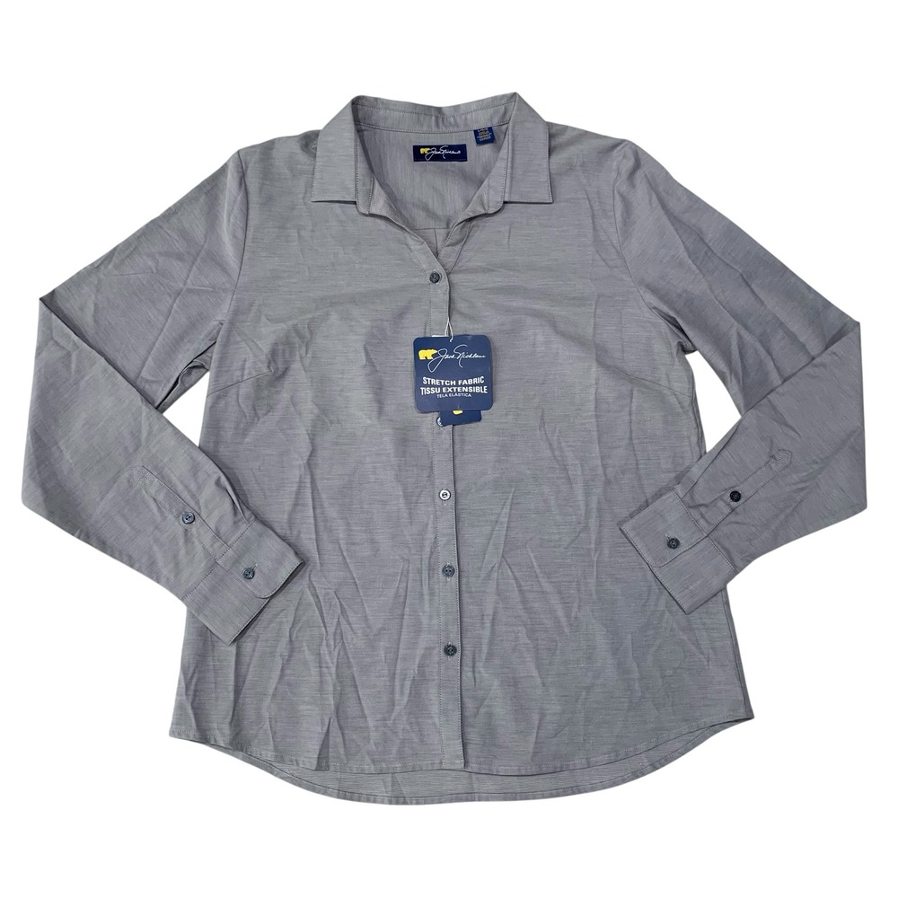 Jack Nicklaus Womens Stretch‎ Roll Tab Sleeve Button Down Shirt Grey Large NWT